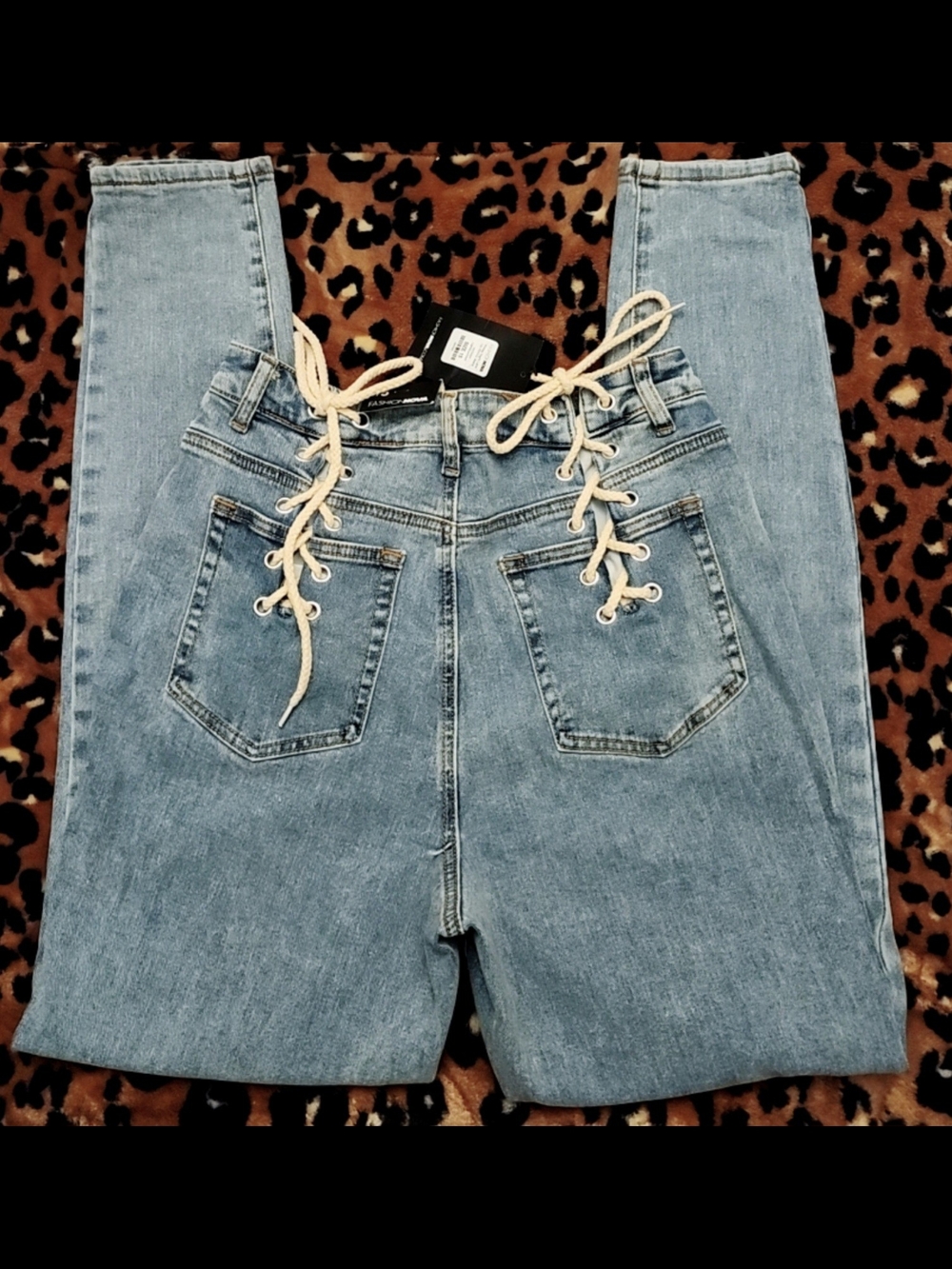 Fashion Nova Light Blue High-Rise Jeans with Back Lace-Up Detail